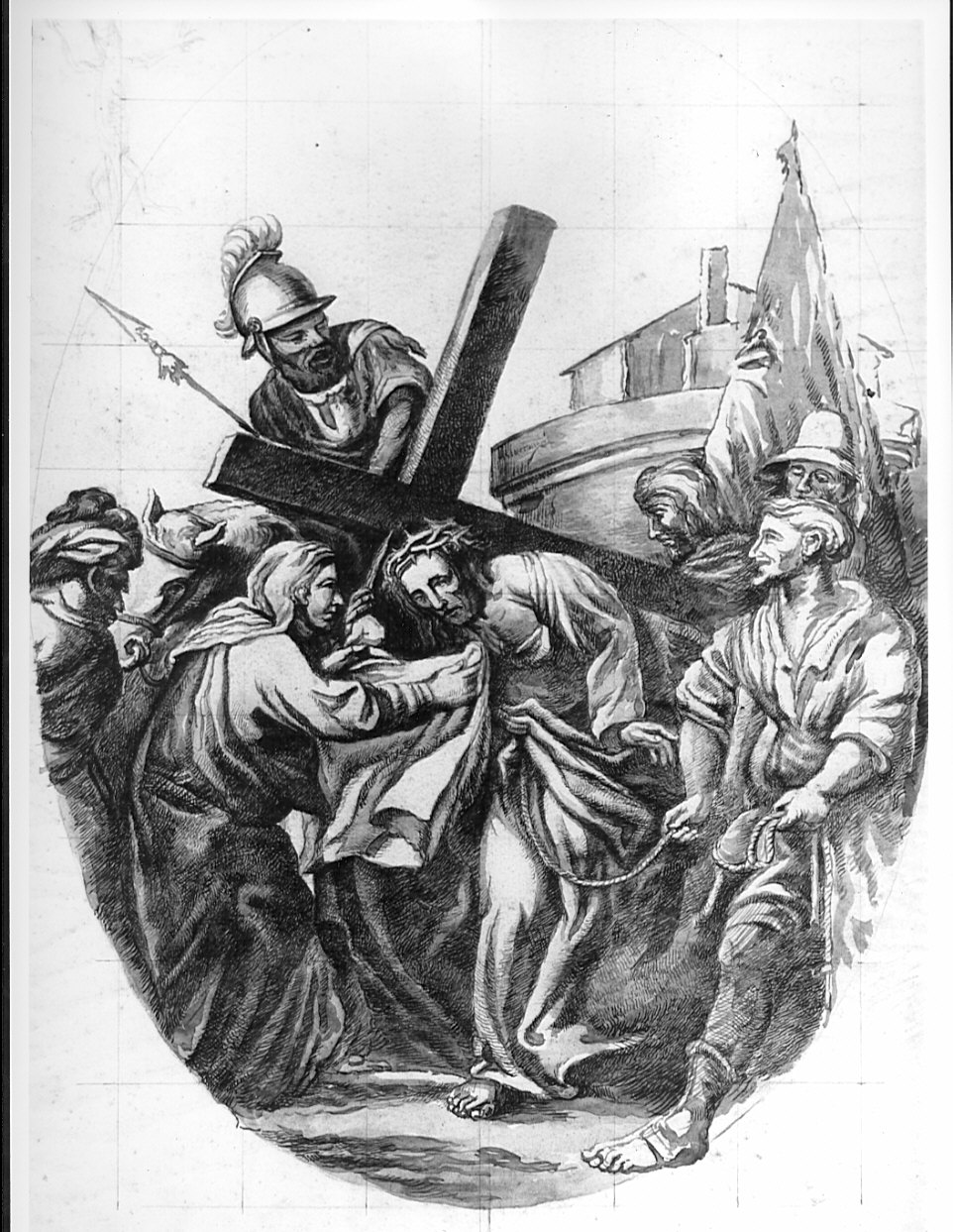 stazione VI: Gesù asciugato dalla Veronica (disegno preparatorio, elemento d'insieme) di Pezzotta Giovanni (sec. XIX)