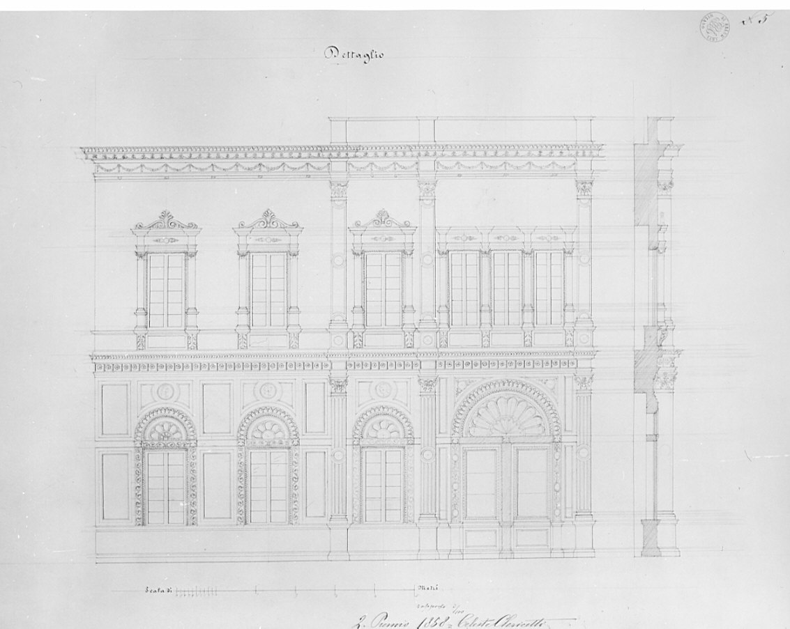 dettagli, prospetto e sezione, architettura: progetto per un casino di campagna (disegno, opera isolata) di Clericetti Celeste (sec. XIX)