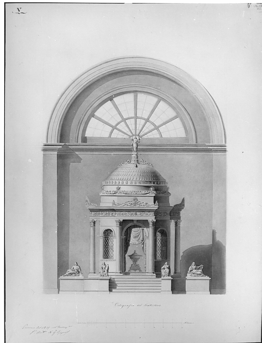 prospetto, architettura: progetto di Battistero (disegno, opera isolata) di De Filippis Antonio (sec. XIX)