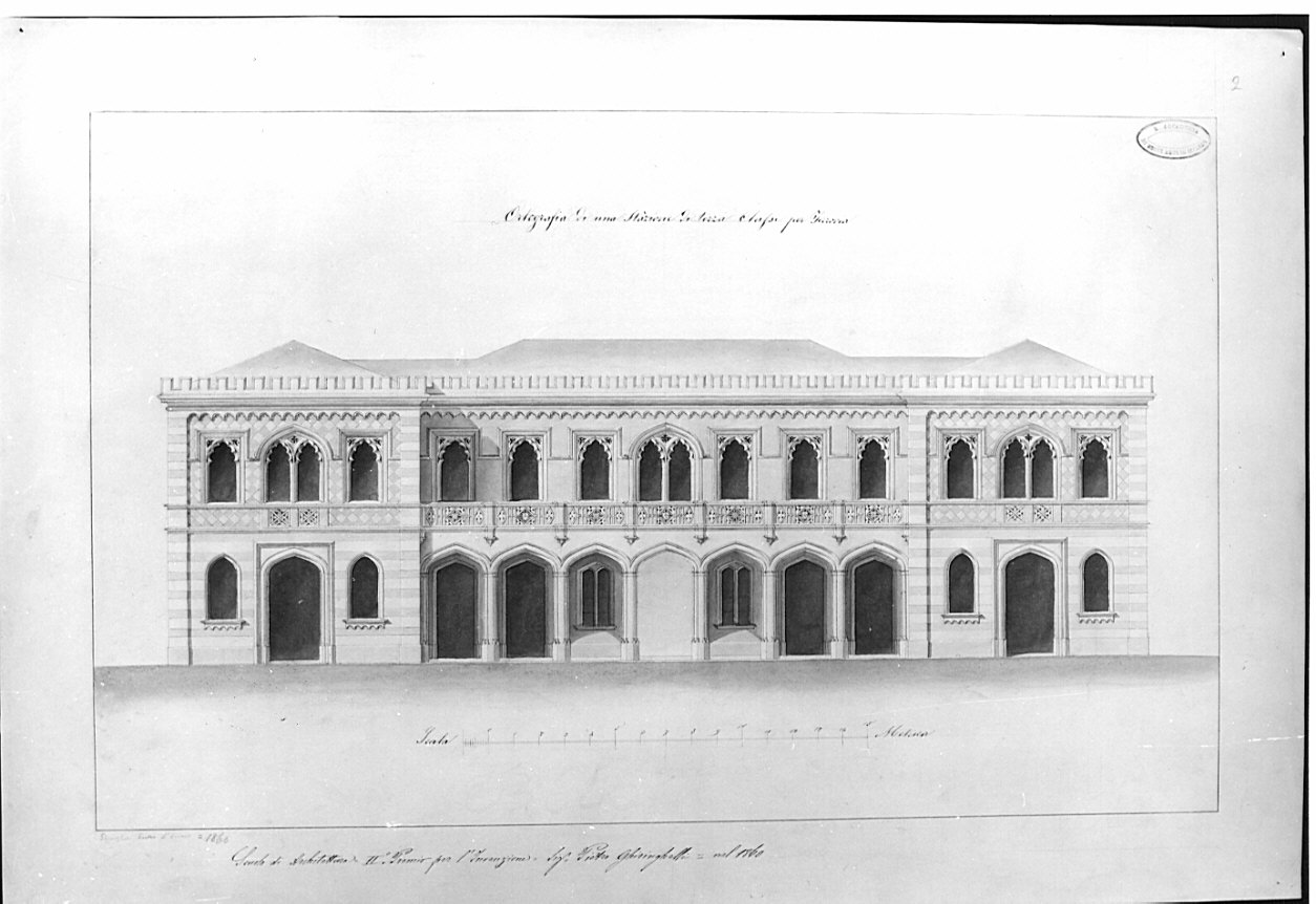 prospetto, architettura: progetto di stazione ferroviaria (disegno, opera isolata) di Ghiringhelli Pietro (sec. XIX)