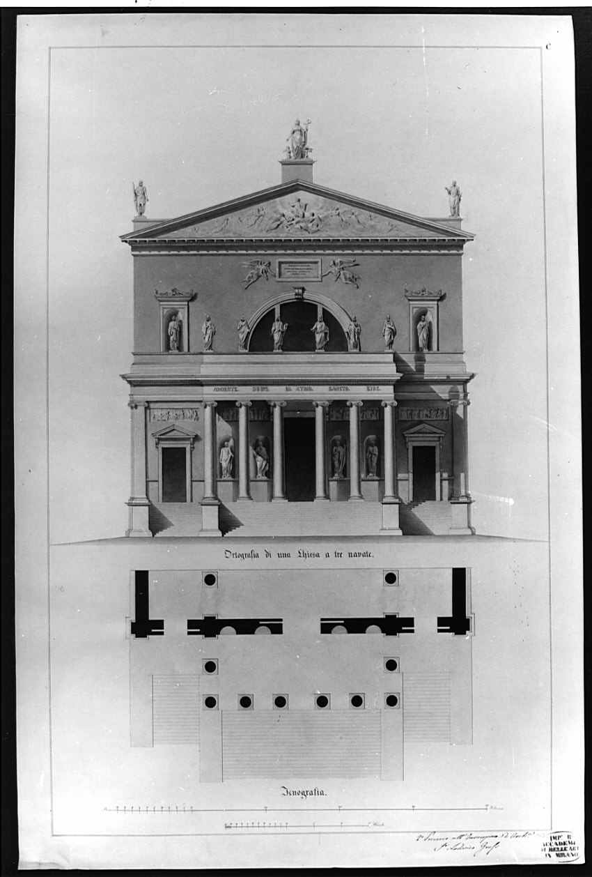 pianta e prospetto, architettura: progetto di facciata di una chiesa (disegno, opera isolata) di Grofs Lodovico (sec. XIX)