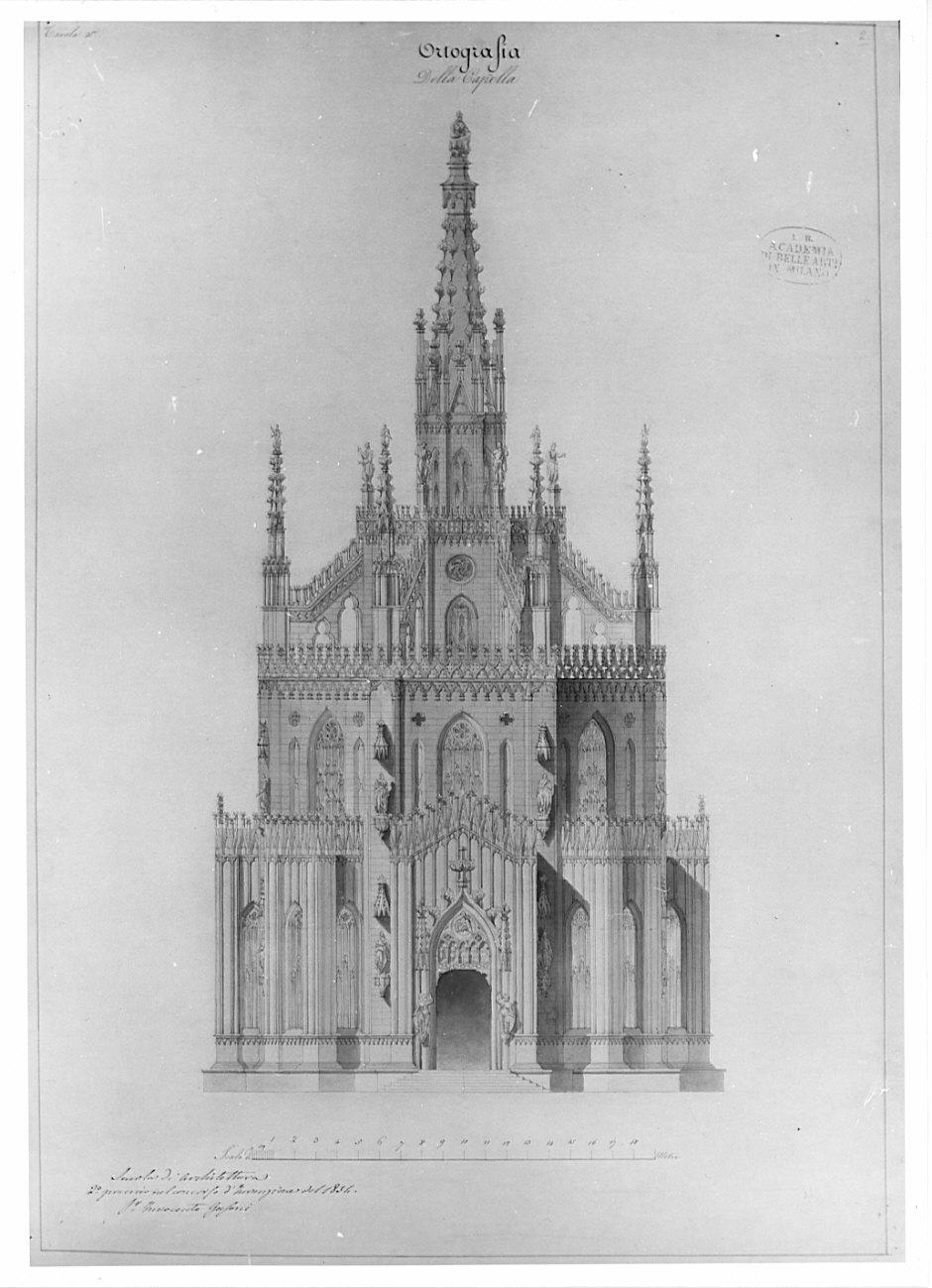 prospetto, architettura: progetto di cappella funeraria (disegno, opera isolata) di Gasoni Innocente (sec. XIX)