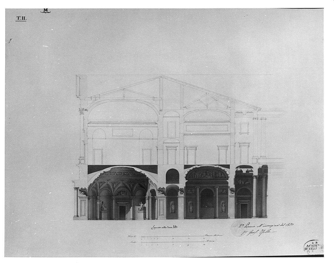 sezione trasversale, architettura: progetto di vestibolo di palazzo (disegno, opera isolata) di Isella Giuseppe (sec. XIX)