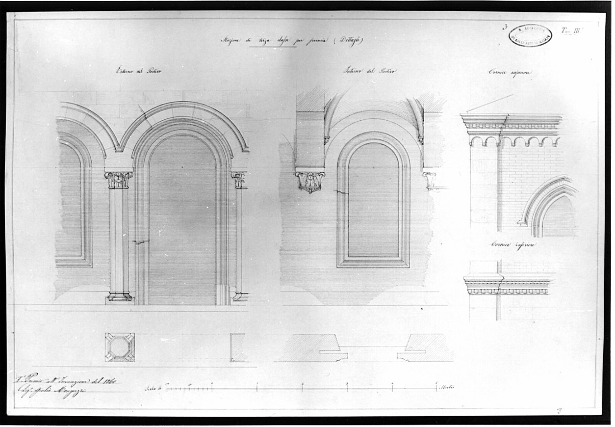 dettagli, architettura: progetto di stazione ferroviaria (disegno, opera isolata) di Monguzzi Giulio (sec. XIX)