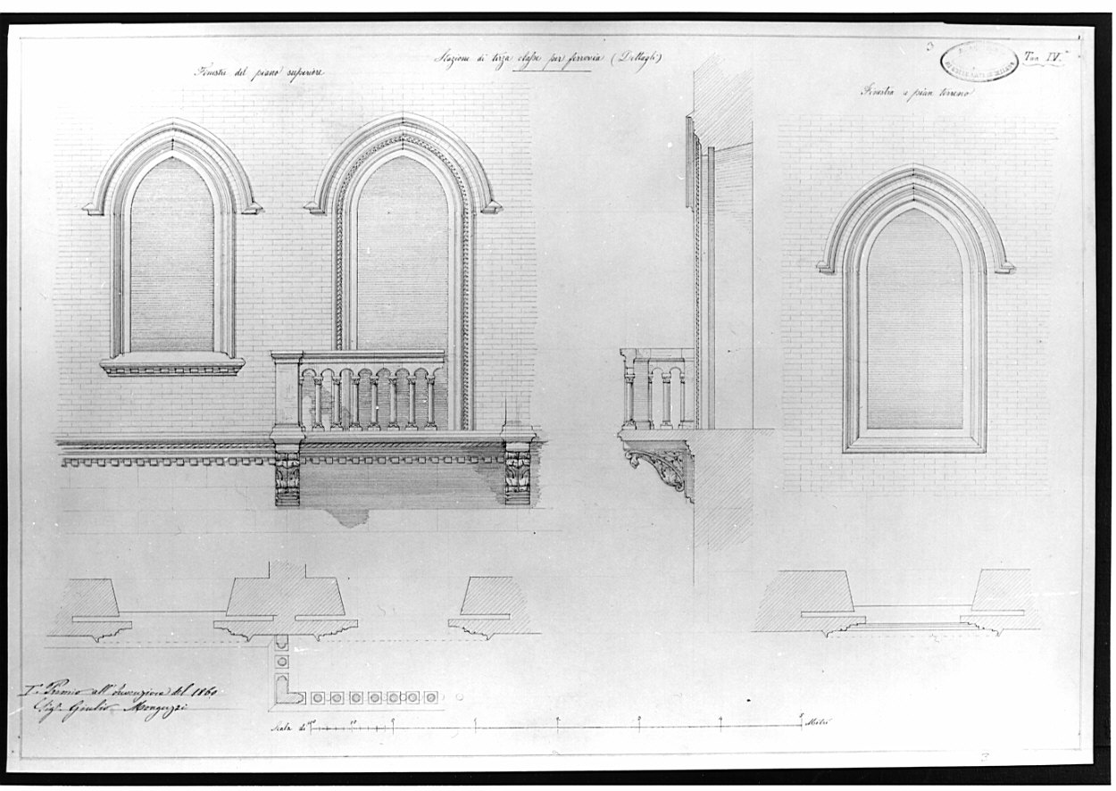 dettagli, architettura: progetto di stazione ferroviaria (disegno, opera isolata) di Monguzzi Giulio (sec. XIX)