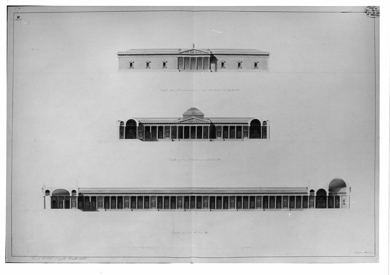 prospetto e sezioni, architettura: progetto di un Cimitero (disegno, opera isolata) di Peverelli Carlo (sec. XIX)