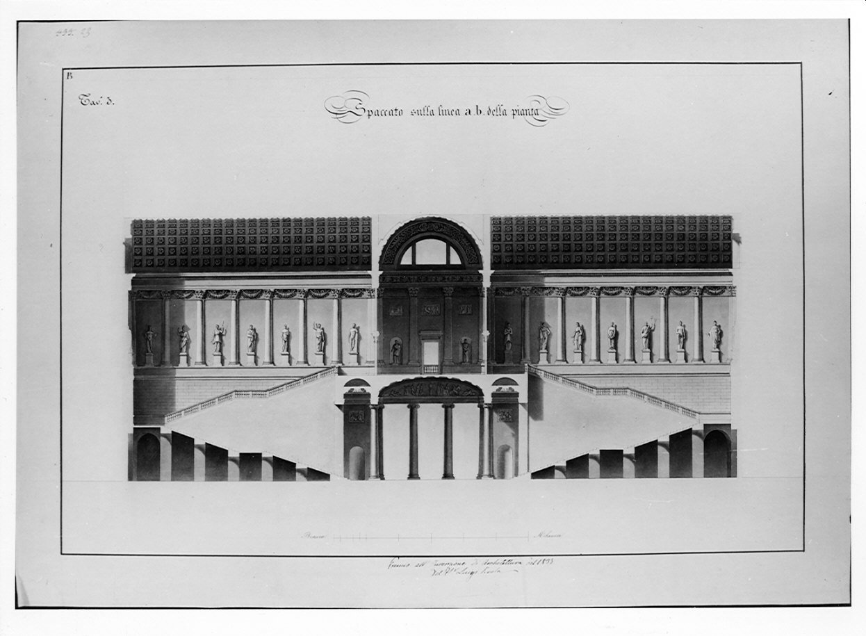 sezione longitudinale, architettura: progetto di scalone per palazzo principesco (disegno, opera isolata) di Pirola Luigi (sec. XIX)