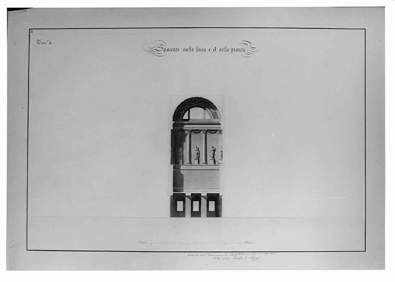 sezione trasversale, architettura: progetto di scalone per palazzo principesco (disegno, opera isolata) di Pirola Luigi (sec. XIX)
