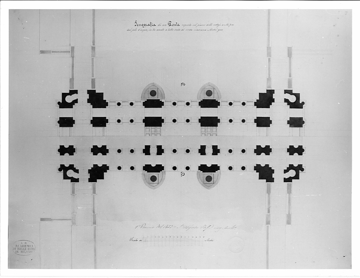 pianta, architettura: progetto di ponte coperto (disegno, opera isolata) di Rosa Alfonso (sec. XIX)