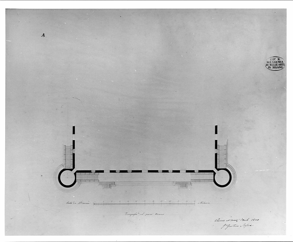 pianta del piano terra, architettura: progetto di facciata verso il giardino di casa di campagna (disegno, opera isolata) di Rossi Gaetano (sec. XIX)
