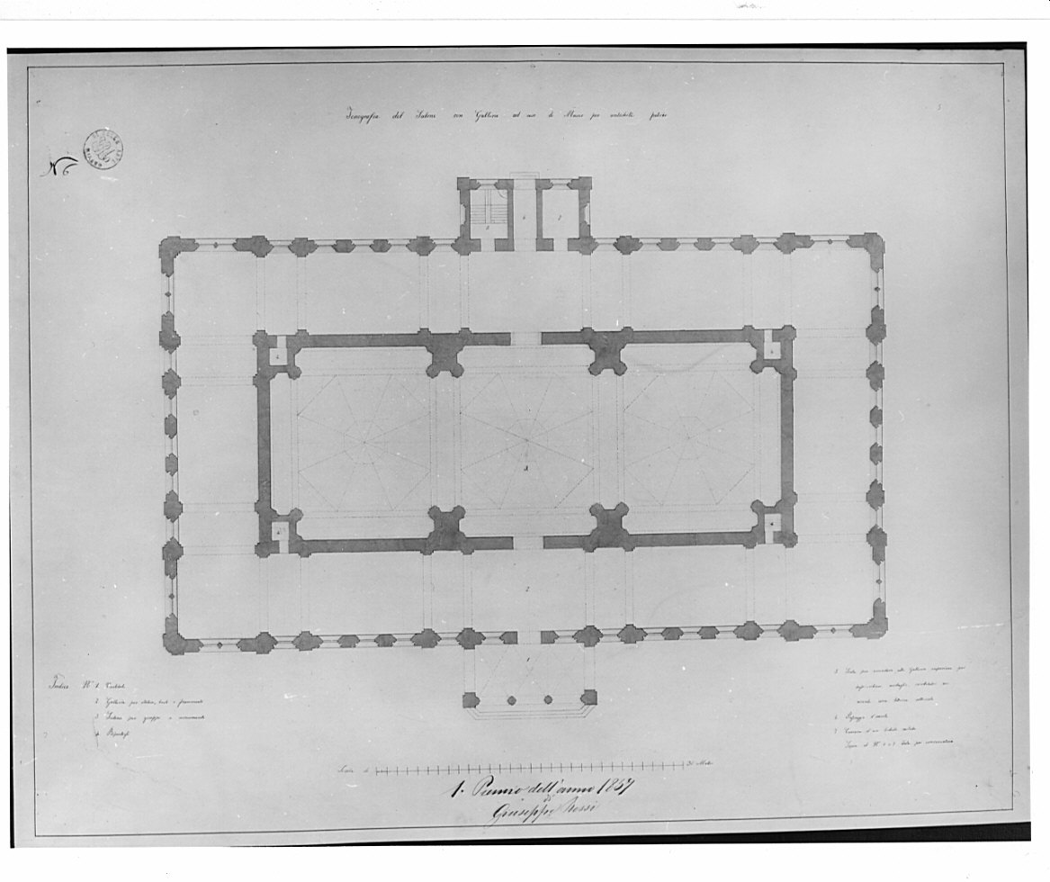 pianta, architettura: progetto di un salone con galleria (disegno, opera isolata) di Rossi Giuseppe (sec. XIX)
