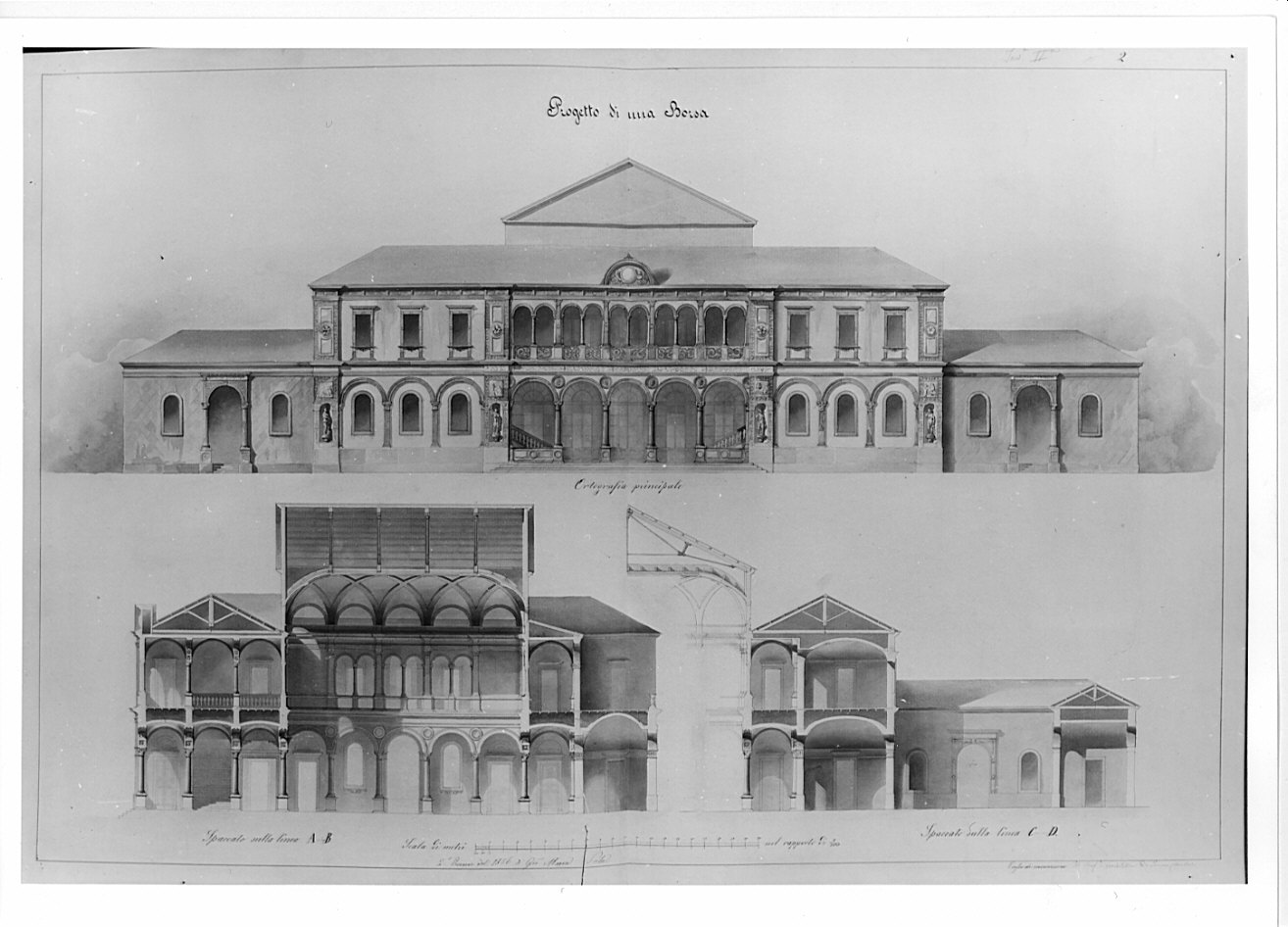 prospetto e sezioni, architettura: progetto di Borsa (disegno, opera isolata) di Sala Giò Maria (sec. XIX)