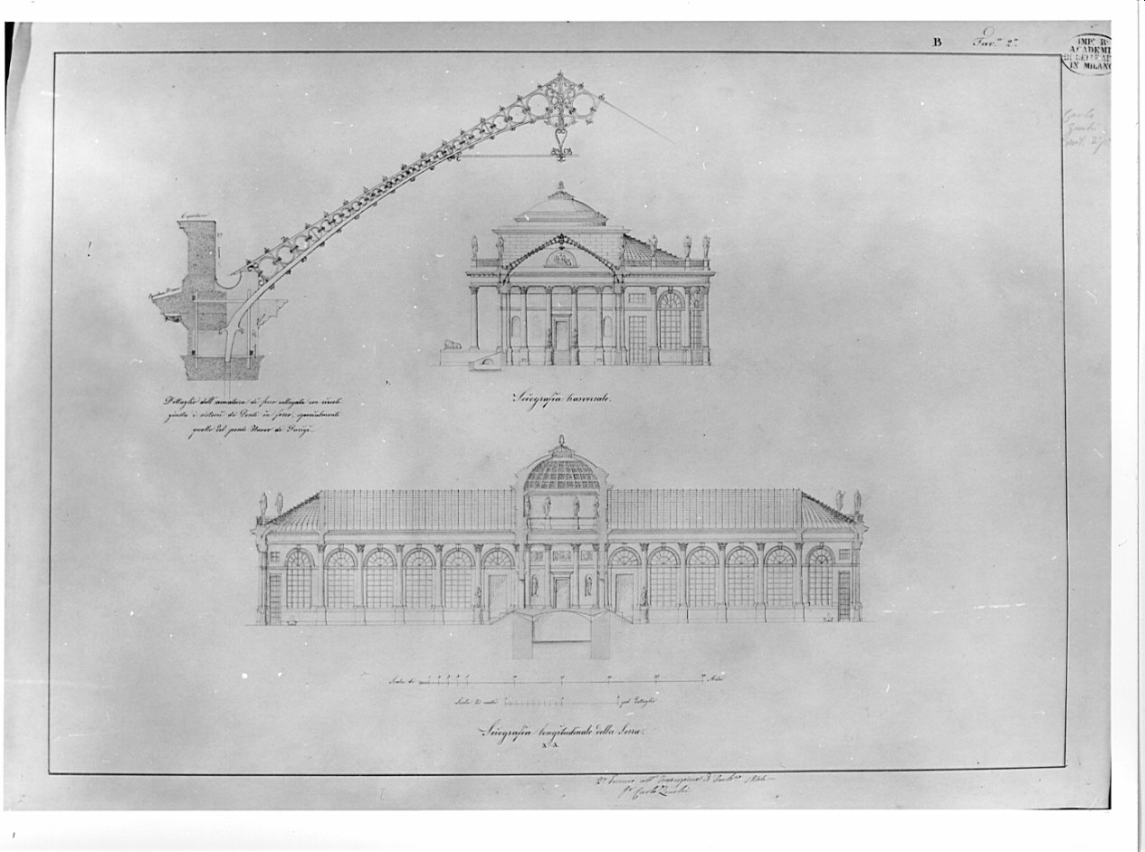 sezioni, Progetto di una serra con Caffè-haus (disegno, opera isolata) di Zucchi Carlo (sec. XIX)