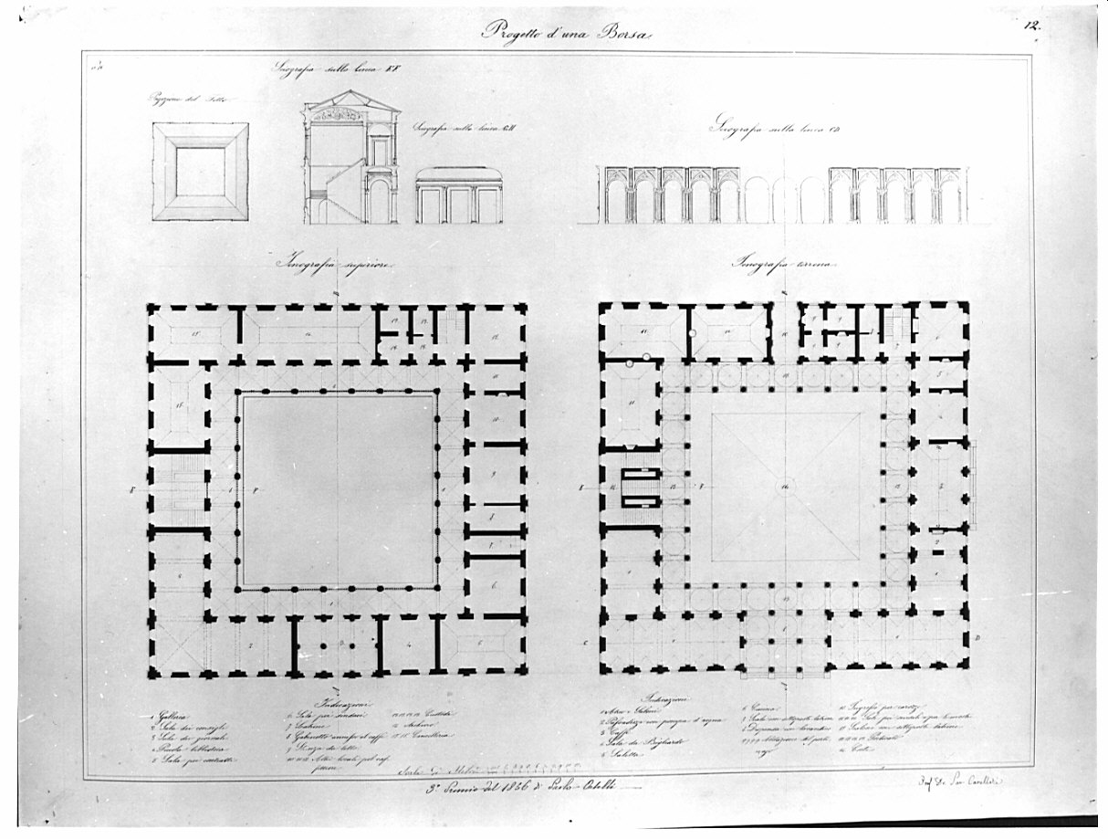 piante e sezioni, architettura: progetto di una Borsa (disegno, opera isolata) di Ortelli Paolo (sec. XIX)