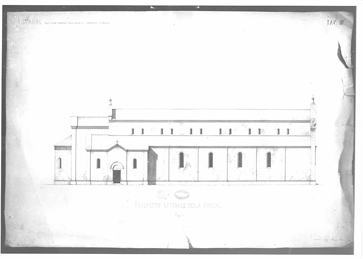 prospetto laterale, architettura: rilievo di chiesa di San Francesco a Brescia (disegno, opera isolata) di Arcioni Luigi (terzo quarto sec. XIX)