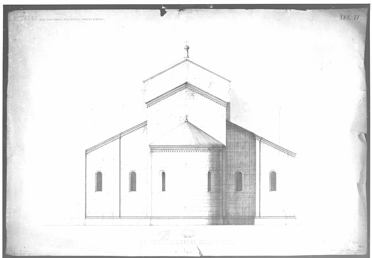 prospetto, architettura: rilievo di chiesa di San Francesco a Brescia (disegno, opera isolata) di Arcioni Luigi (terzo quarto sec. XIX)
