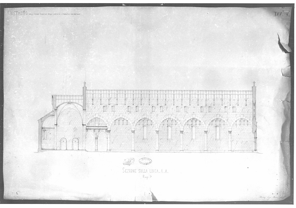 sezione longitudinale, architettura: rilievo di chiesa di San Francesco a Brescia (disegno, opera isolata) di Arcioni Luigi (terzo quarto sec. XIX)