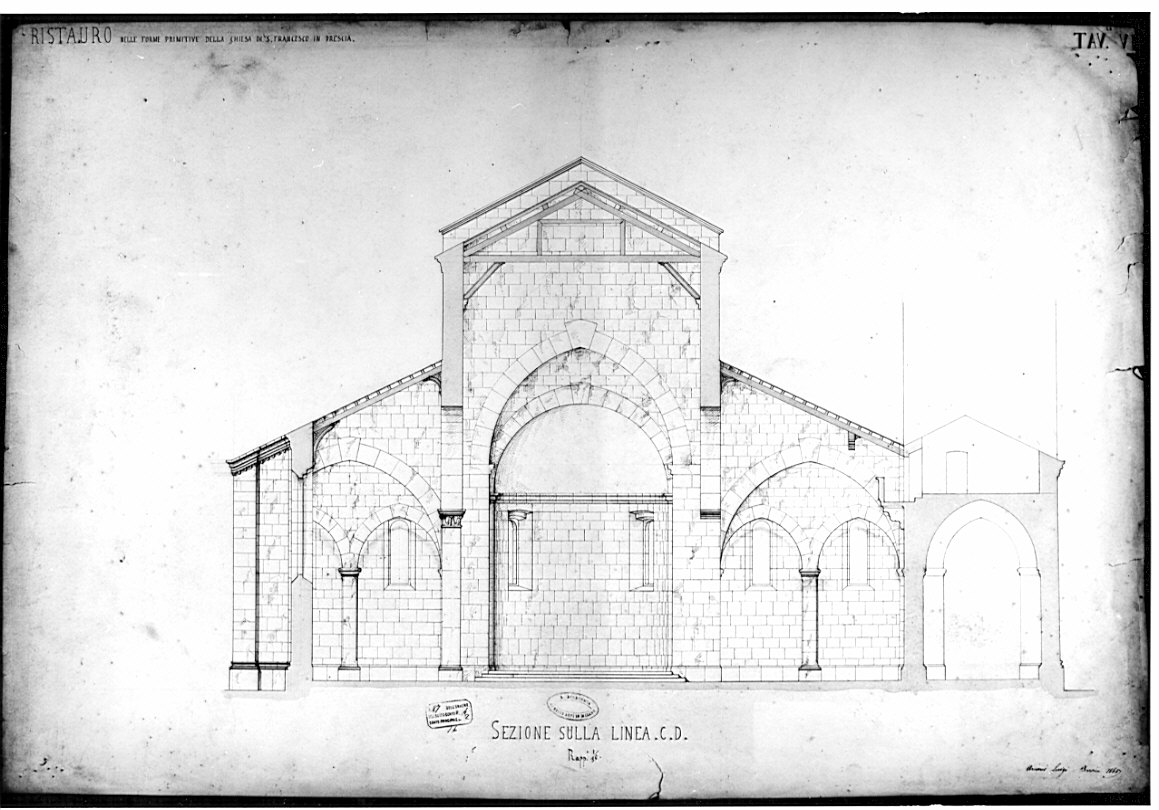 sezione latitudinale, architettura: rilievo di chiesa di San Francesco a Brescia (disegno, opera isolata) di Arcioni Luigi (terzo quarto sec. XIX)