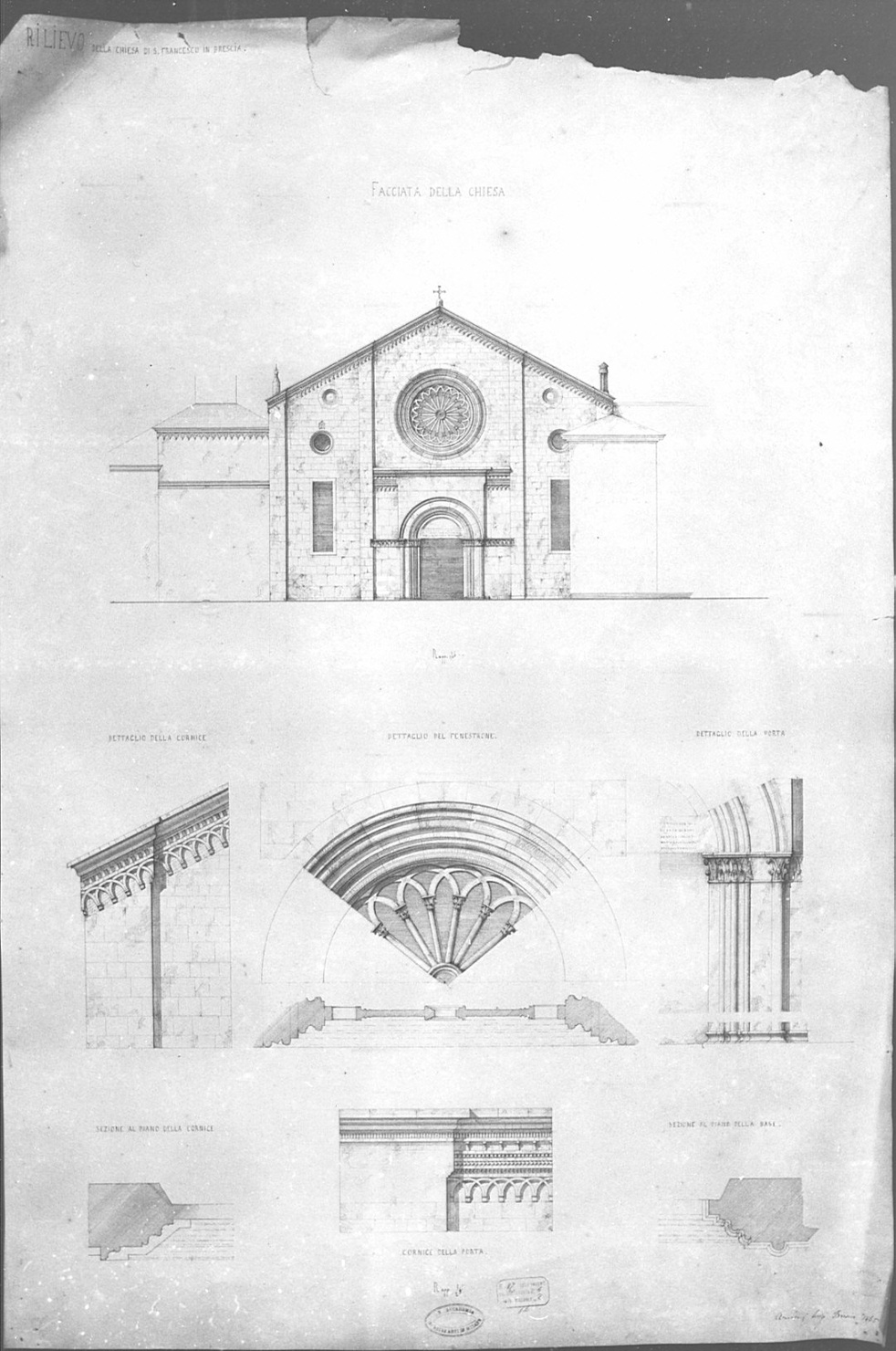 facciata e dettagli, architettura: rilievo di chiesa di San Francesco a Brescia (disegno, opera isolata) di Arcioni Luigi (terzo quarto sec. XIX)