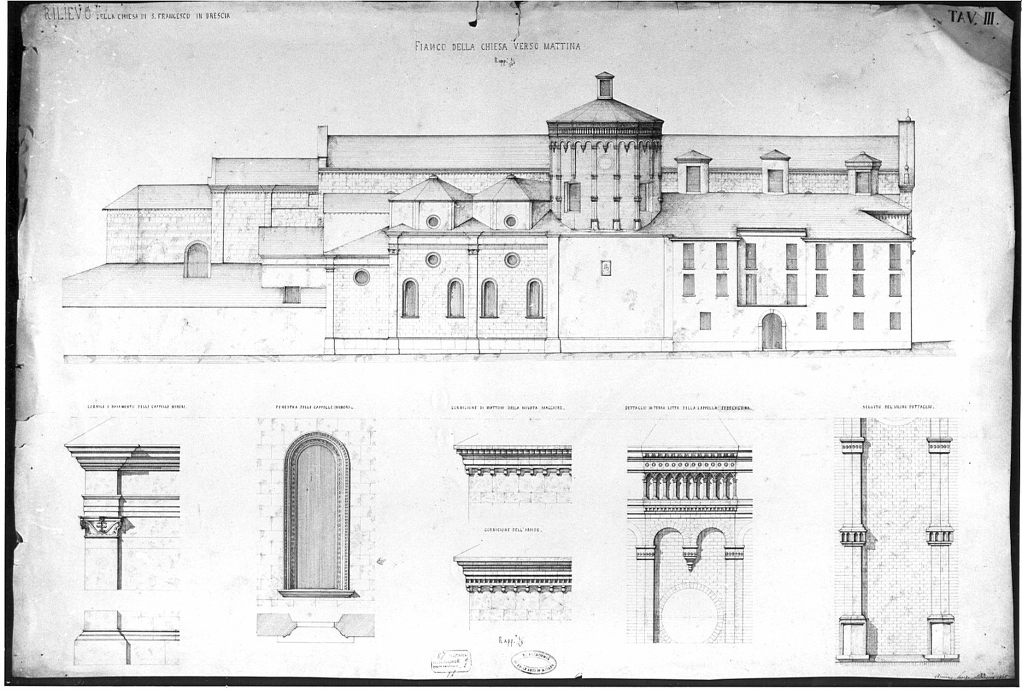 prospetto del fianco sinistro e dettagli, architettura: rilievo di chiesa di San Francesco a Brescia (disegno, opera isolata) di Arcioni Luigi (terzo quarto sec. XIX)