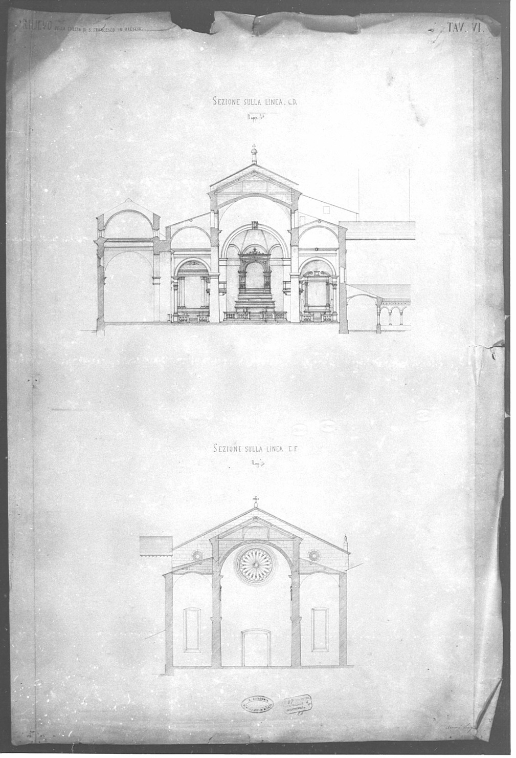 sezioni trasversali, architettura: rilievo di chiesa di San Francesco a Brescia (disegno, opera isolata) di Arcioni Luigi (terzo quarto sec. XIX)