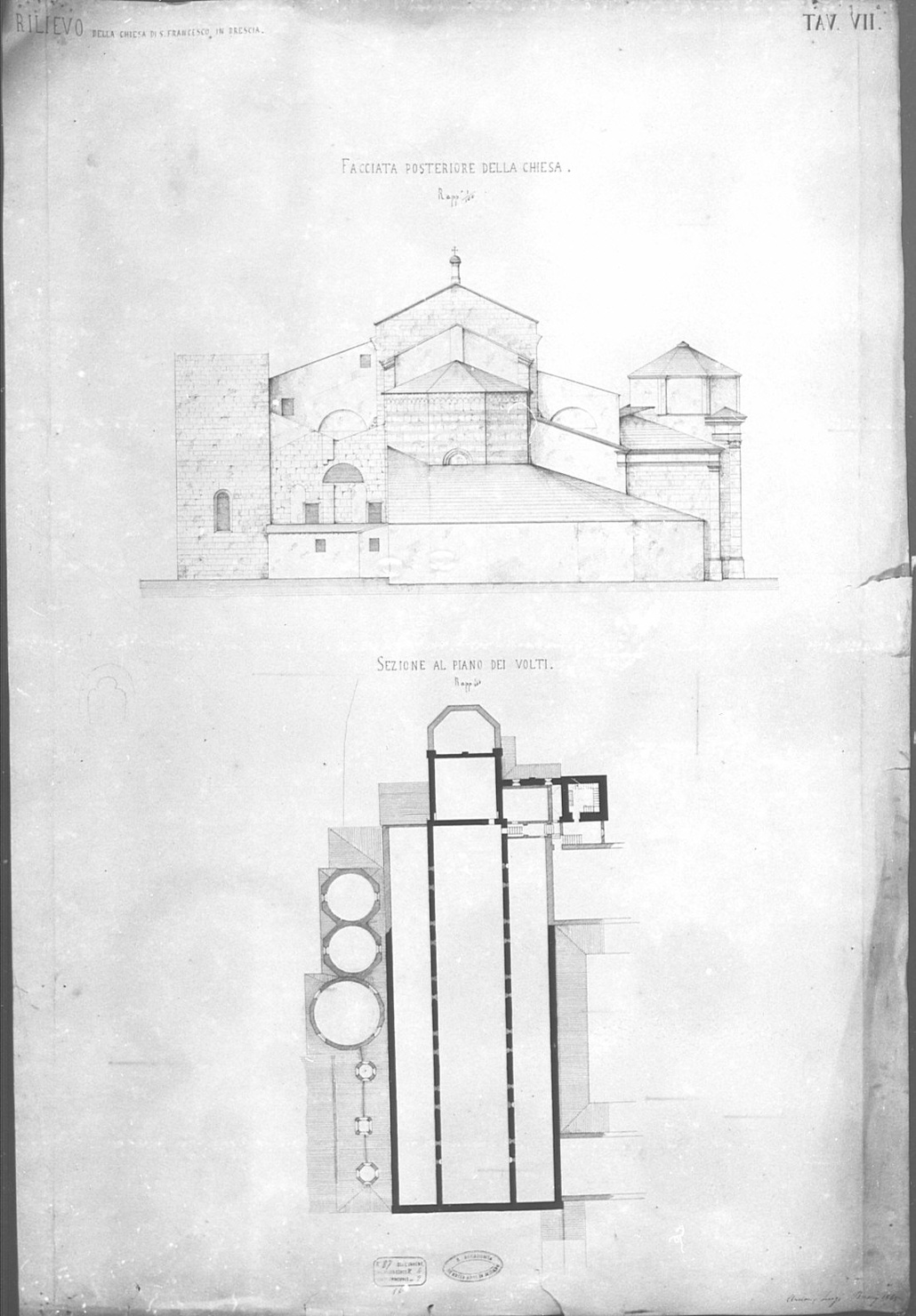 fronte absidale e pianta delle volte, architettura: rilievo di chiesa di San Francesco a Brescia (disegno, opera isolata) di Arcioni Luigi (terzo quarto sec. XIX)