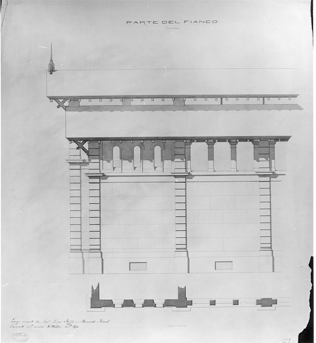 prospetto laterale (dettaglio), architettura: progetto per mercato coperto a Milano (disegno, opera isolata) di Boffi Luigi, Rigoli Bernardo (terzo quarto sec. XIX)