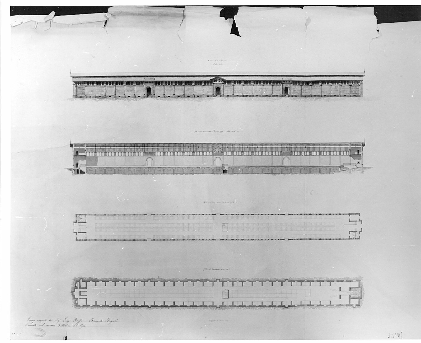 prospetto, sezione e planimetrie, architettura: progetto per mercato coperto a Milano (disegno, opera isolata) di Boffi Luigi, Rigoli Bernardo (terzo quarto sec. XIX)