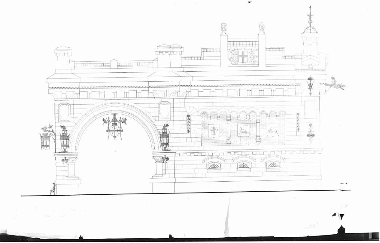 prospetto, architettura: progetto per barriera daziaria, Porta Tenaglia a Milano (disegno, opera isolata) di D'Aronco Raimondo (ultimo quarto sec. XIX)