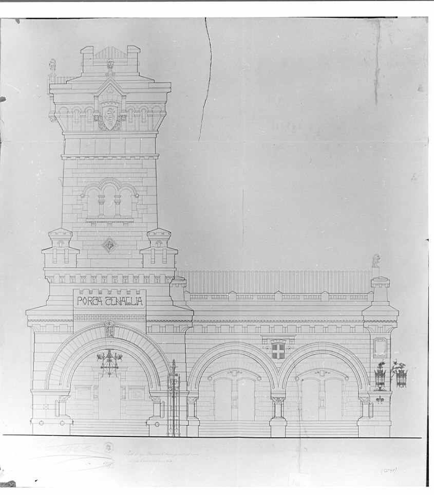 prospetto, architettura: progetto per barriera daziaria, Porta Tenaglia a Milano (disegno, opera isolata) di D'Aronco Raimondo (ultimo quarto sec. XIX)