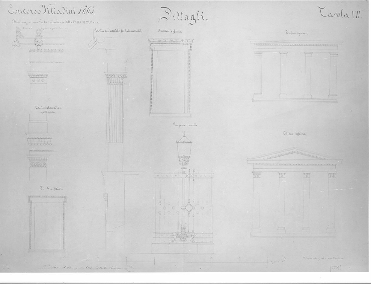 dettagli, architettura: progetto per barriera daziaria a Milano (disegno, opera isolata) di Landriani Gaetano (sec. XIX)