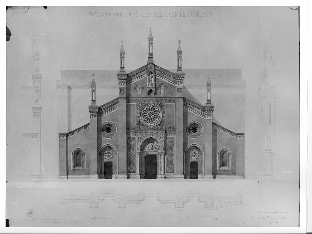 prospetto, pianta, sezione, fianco, architettura: progetto per la facciata della chiesa di S. Maria del Carmine e Milano (disegno, opera isolata) di Landriani Gaetano (sec. XIX)