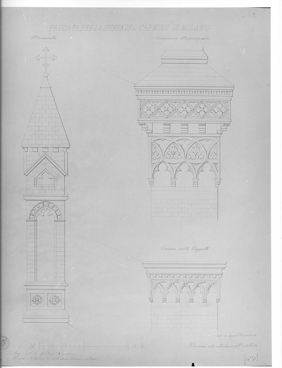 dettagli, architettura: progetto per la facciata della chiesa di S. Maria del Carmine e Milano (disegno, opera isolata) di Landriani Gaetano (sec. XIX)