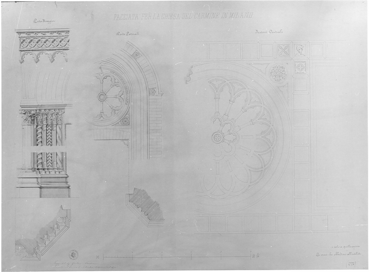 dettagli, architettura: progetto per la facciata della chiesa di S. Maria del Carmine e Milano (disegno, opera isolata) di Landriani Gaetano (sec. XIX)