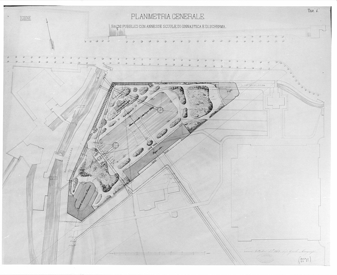 planimetria generale, architettura: progetto per bagni pubblici con annesse scuole di ginnastica e di scherma (disegno, opera isolata) di Monguzzi Giulio (sec. XIX)