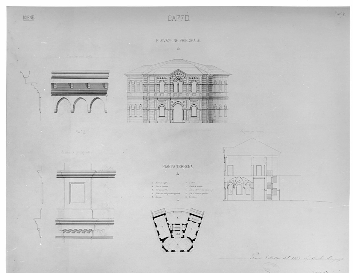 piante, prospetti e sezioni del caffè, architettura: progetto di bagni pubblici con annesse scuole di ginnastica e di scherma (disegno, opera isolata) di Monguzzi Giulio (sec. XIX)