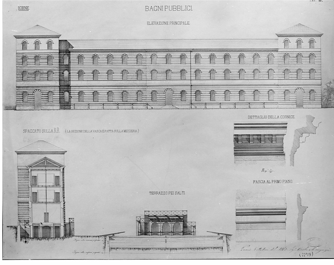 prospetto, sezioni e particolari, architettura: progetto di bagni pubblici con annesse scuole di ginnastica e di scherma (disegno, opera isolata) di Monguzzi Giulio (sec. XIX)