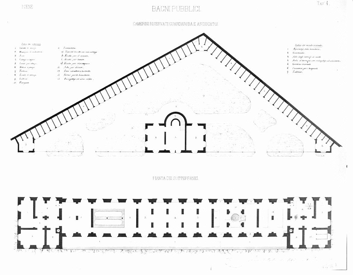 piante, architettura: progetto di bagni pubblici con annesse scuole di ginnastica e di scherma (disegno, opera isolata) di Monguzzi Giulio (sec. XIX)