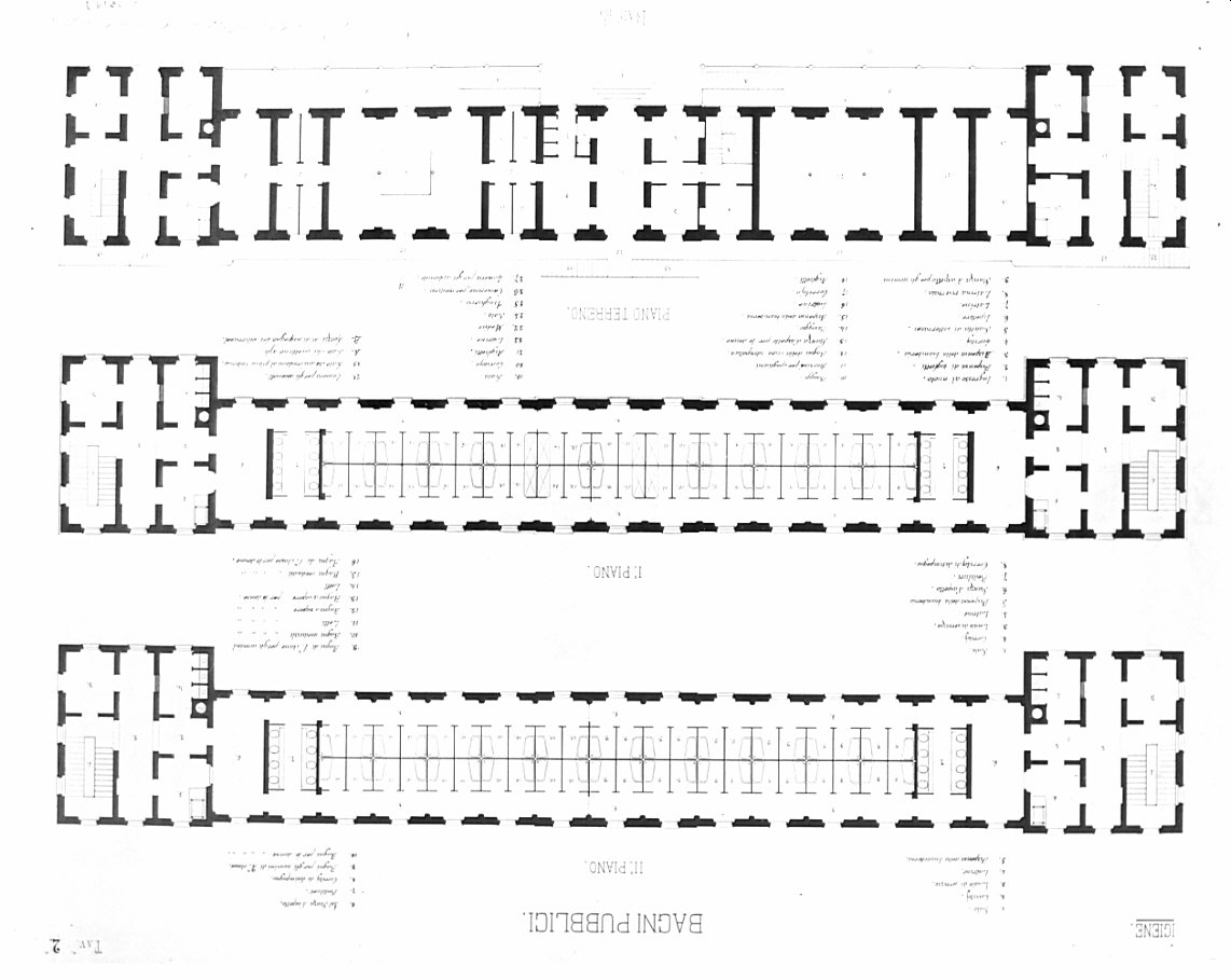 piante, architettura: progetto di bagni pubblici con annesse scuole di ginnastica e di scherma (disegno, opera isolata) di Monguzzi Giulio (sec. XIX)