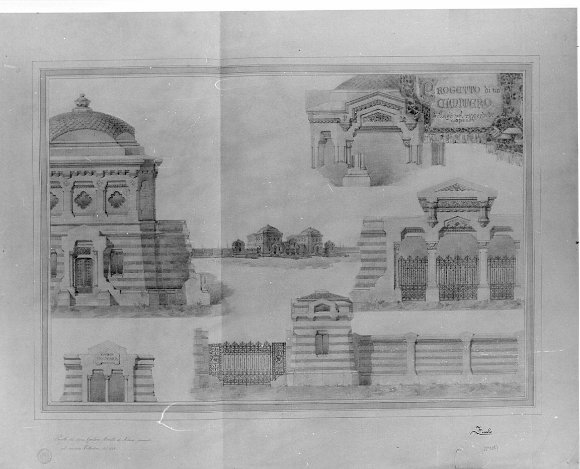 prospetti, particolari, prospettiva, architettura: progetto di cimitero secondario per la città di Milano (disegno, opera isolata) di Moretti Gaetano (sec. XIX)