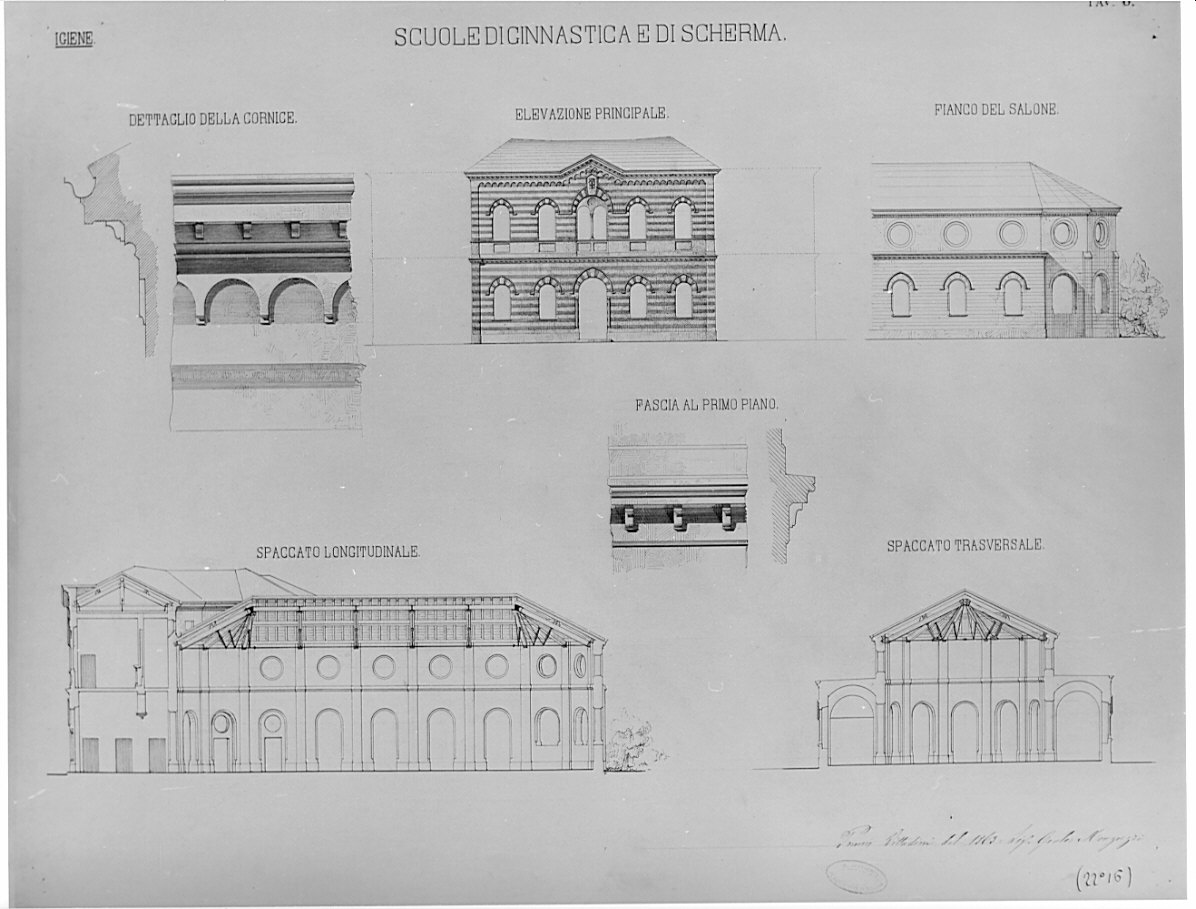 prospetti e sezioni, dettagli della scuola di ginnastica e di scherma, architettura: progetto di bagni pubblici con annesse scuole di ginnastica e di scherma (disegno, opera isolata) di Monguzzi Giulio (sec. XIX)