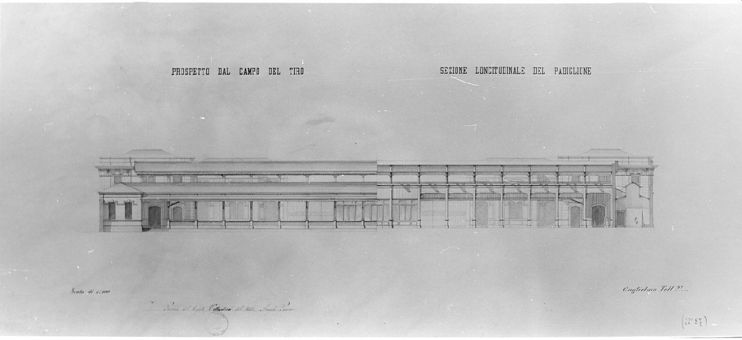 padiglione: prospetto e sezione, architettura: progetto di un bersaglio comunale per la città di Milano (disegno, opera isolata) di Pavia Angelo (sec. XIX)