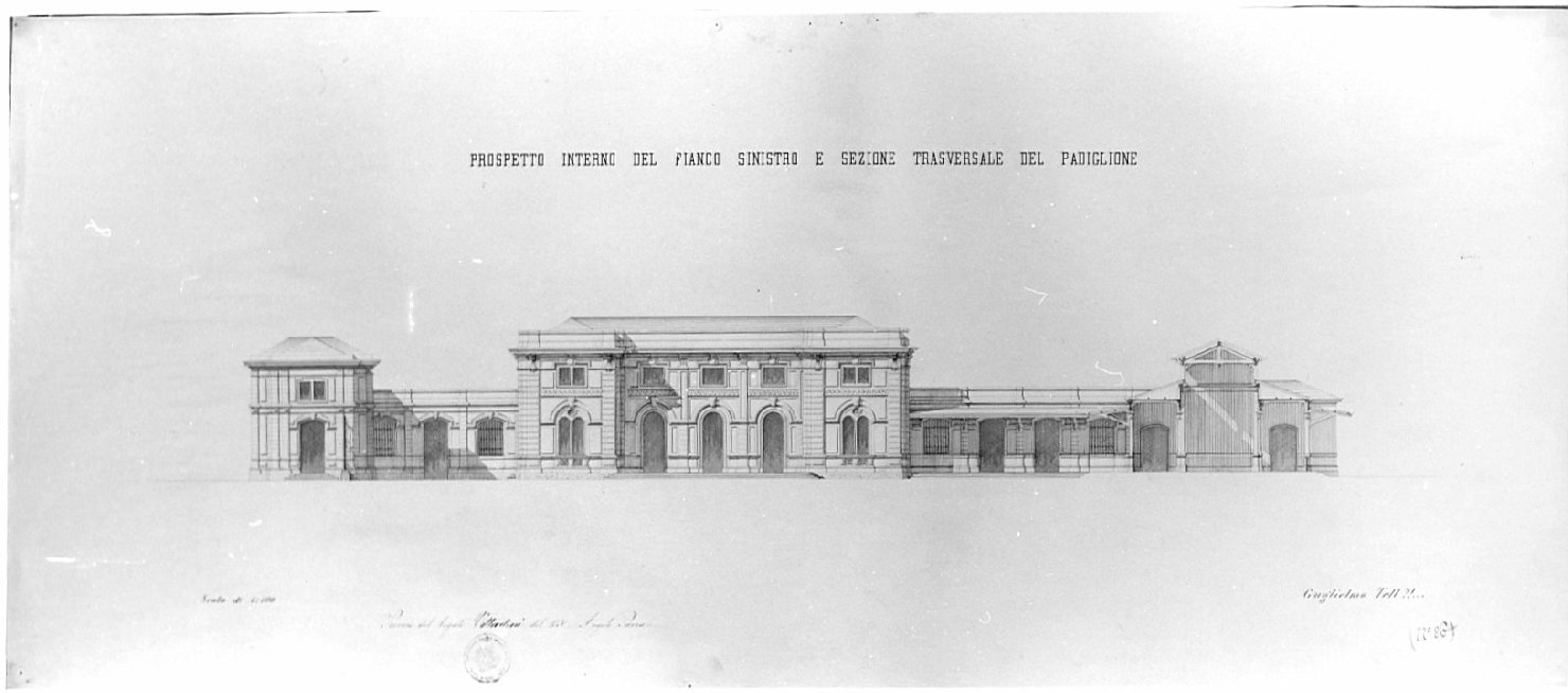 padiglione: prospetto e sezione, architettura: progetto di un bersaglio comunale per la città di Milano (disegno, opera isolata) di Pavia Angelo (sec. XIX)