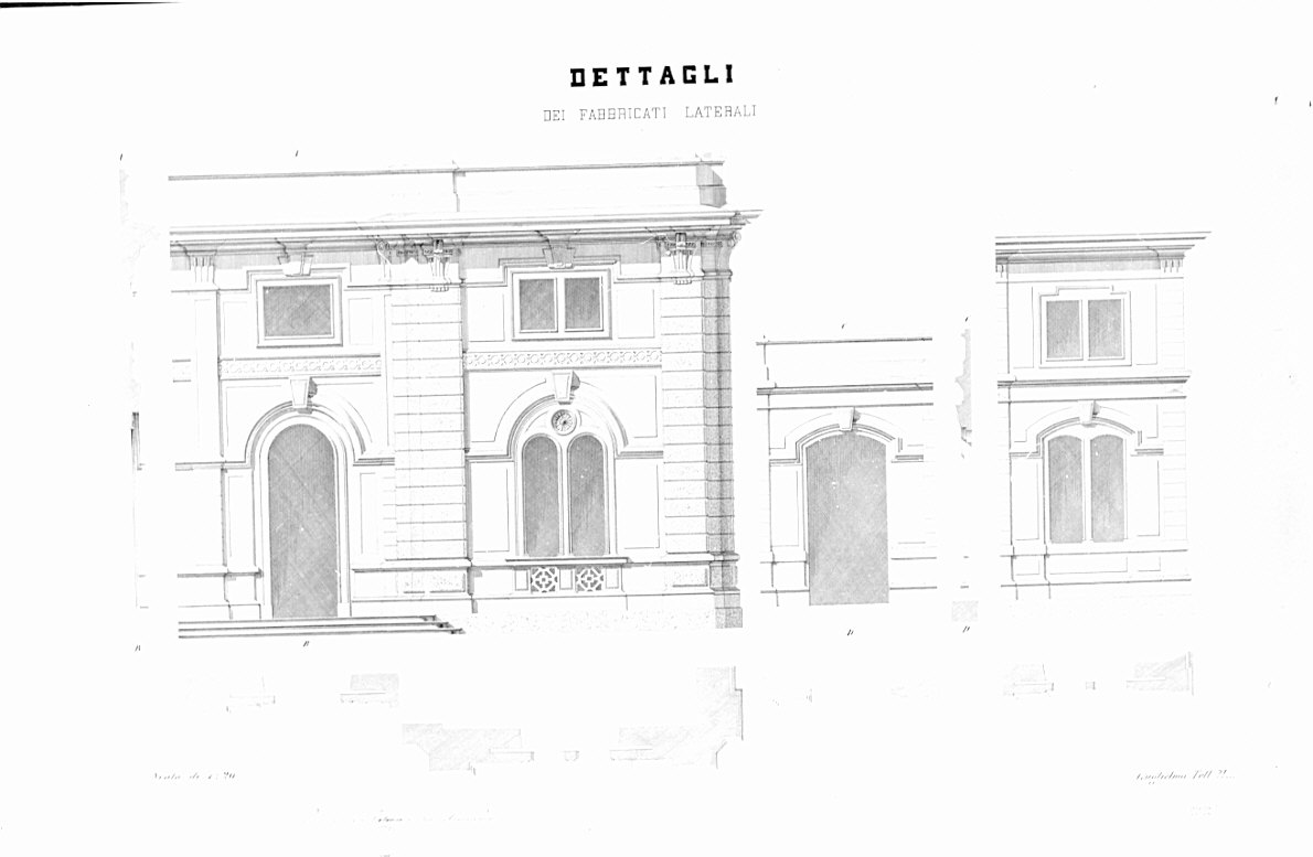 planimetrie, sezioni e prospetti (dettagli), architettura: progetto di un bersaglio comunale per la città di Milano (disegno, opera isolata) di Pavia Angelo (sec. XIX)