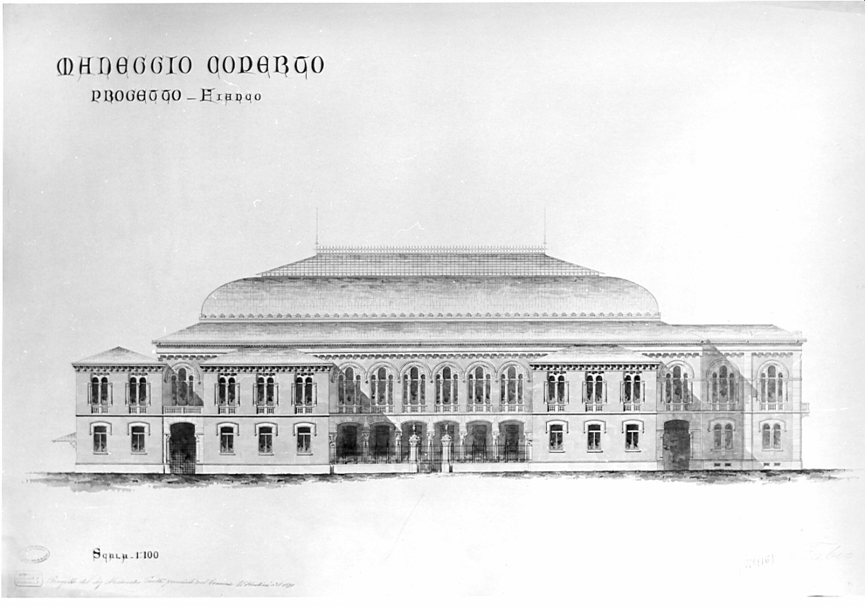 prospetto, architettura: progetto per un maneggio coperto (disegno, opera isolata) di Puelli Alessandro (sec. XIX)