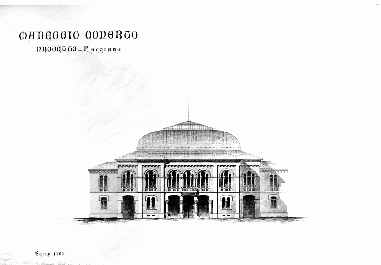 prospetto, architettura: progetto per un maneggio coperto (disegno, opera isolata) di Puelli Alessandro (sec. XIX)