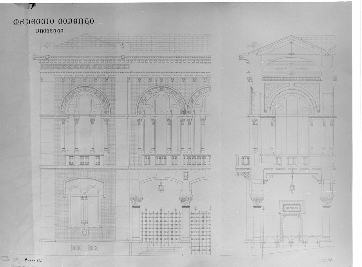 prospetti, sezioni e dettagli, architettura: progetto per un maneggio coperto (disegno, opera isolata) di Puelli Alessandro (sec. XIX)