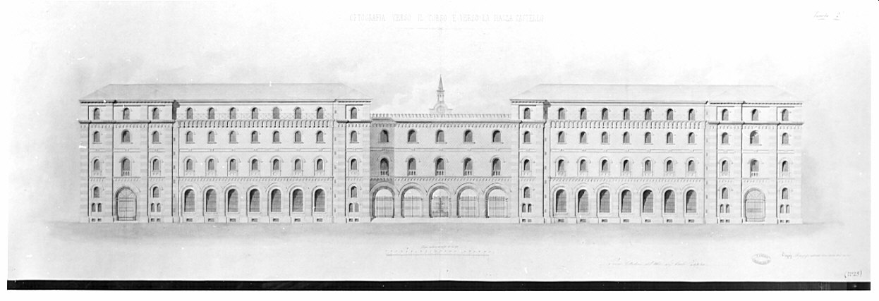 prospetto verso C.so di Porta Garibaldi e il Castello, architettura: progetto di mercato per grani e castagne da costruire in corso di P.ta Garibaldi a Milano (disegno, opera isolata) di Zappa Carlo (sec. XIX)