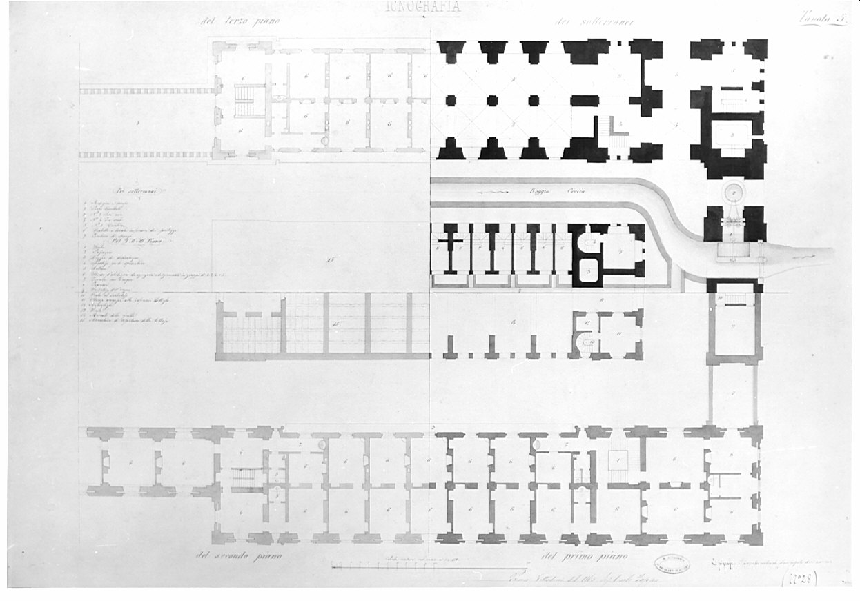 piante parziali del piano del piano sotterraneo, del 1°, del 2° e del 3° piano, architettura: progetto di mercato per grani e castagne da costruire in corso di P.ta Garibaldi a Milano (disegno, opera isolata) di Zappa Carlo (sec. XIX)