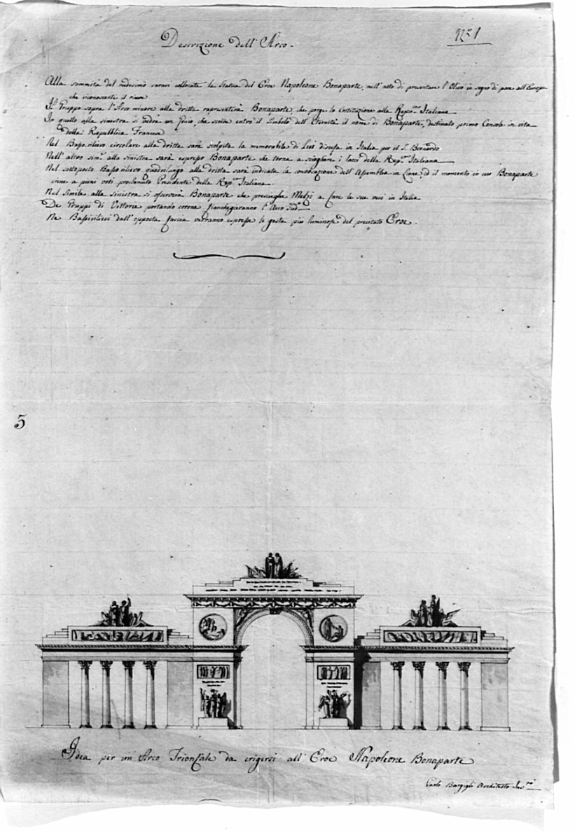 alzato, architettura: progetto per Arco Trionfale (disegno, opera isolata) di Bargigli Paolo (secc. XVIII/ XIX)